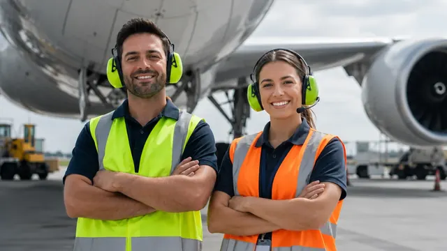 Agentes de rampa junto a un avión